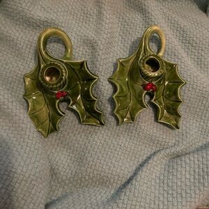 Vintage Pair of Holland Mold Green Holly w/ Berries Candle Holders Christmas